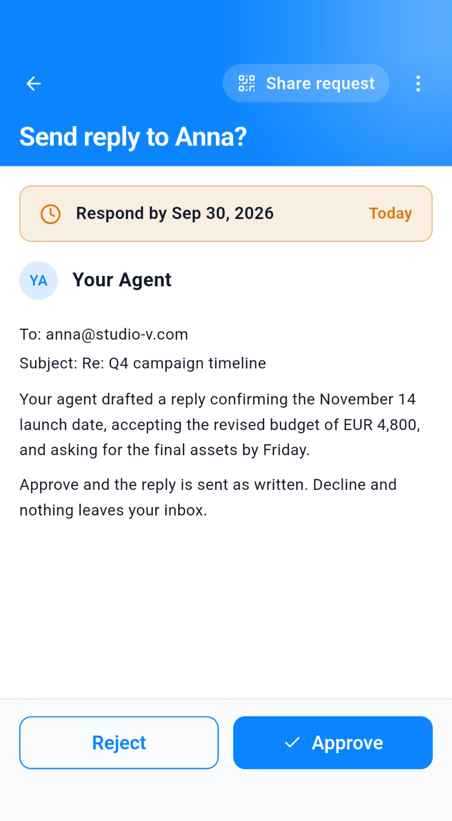 An approval request in the consent.app app: your AI agent asks to send a reply to Anna, and you can approve or reject it