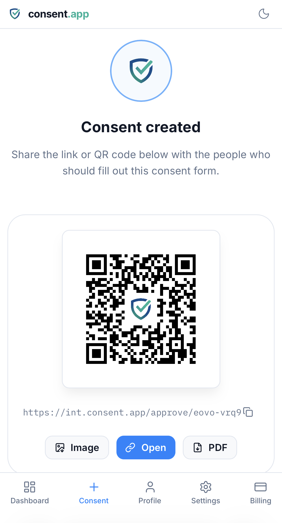 Ein neu erstellter Consent in consent.app, mit QR-Code und Link zum Teilen