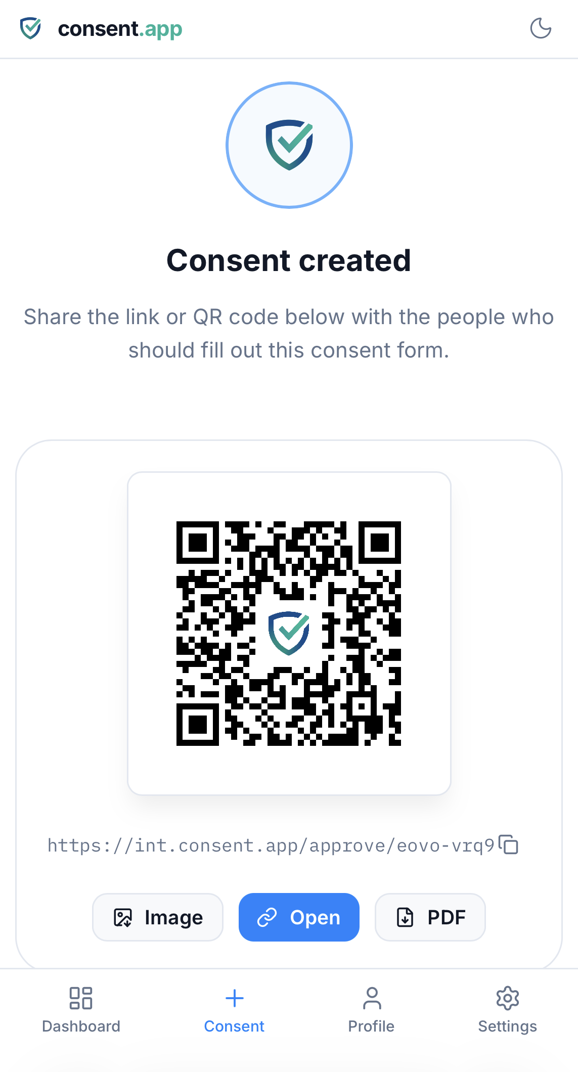 A newly created consent in consent.app, with a QR code and link to share