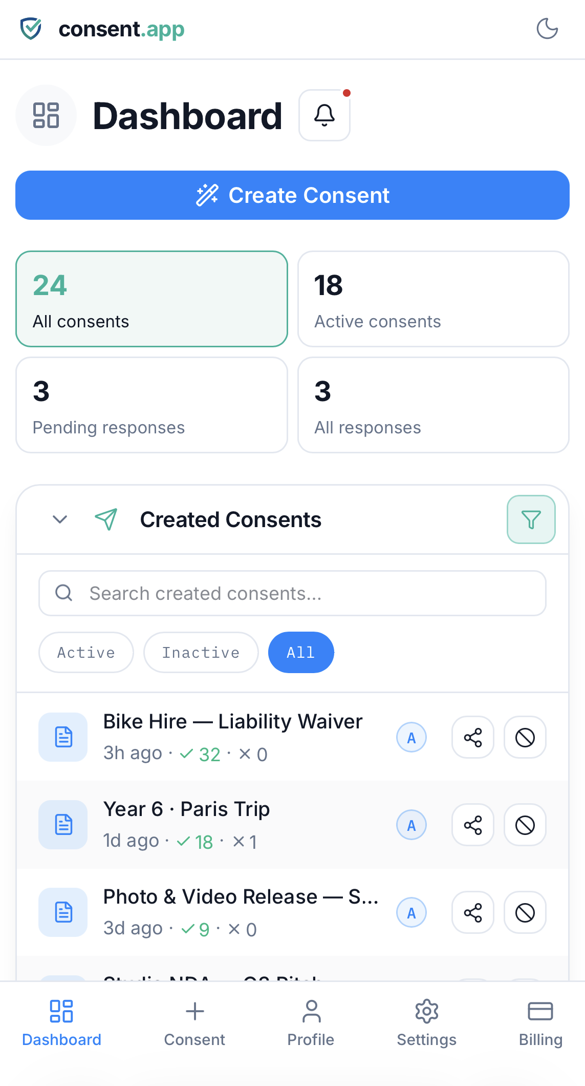 Das consent.app-Dashboard mit den erstellten Consents und der Anzahl der Zustimmungen und Ablehnungen