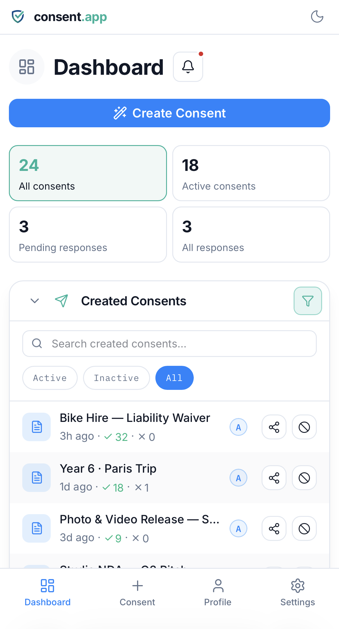 The consent.app dashboard listing created consents with their approved and rejected counts