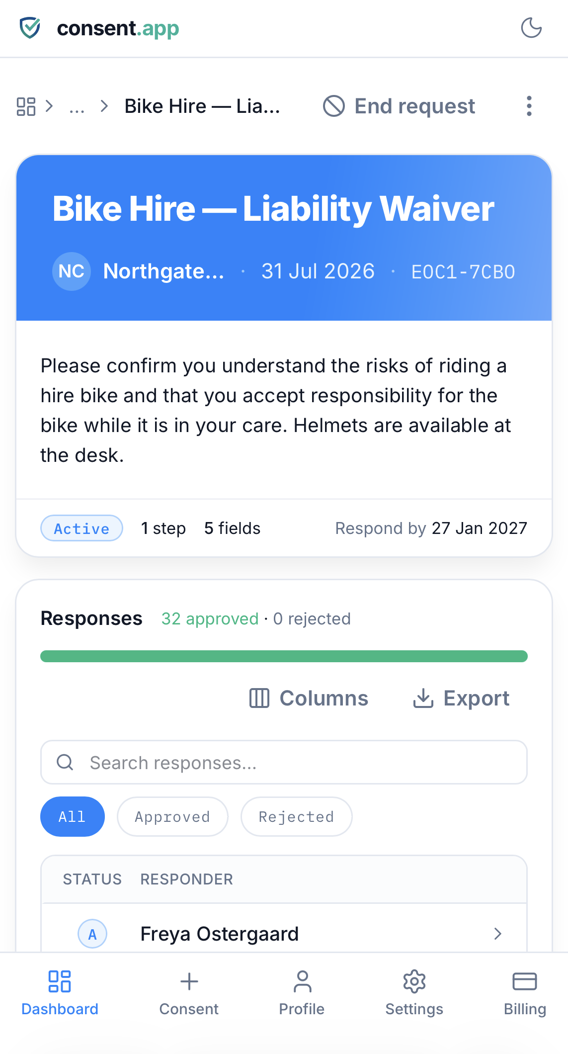 The Bike hire · Waivers consent in consent.app, showing how many people have approved