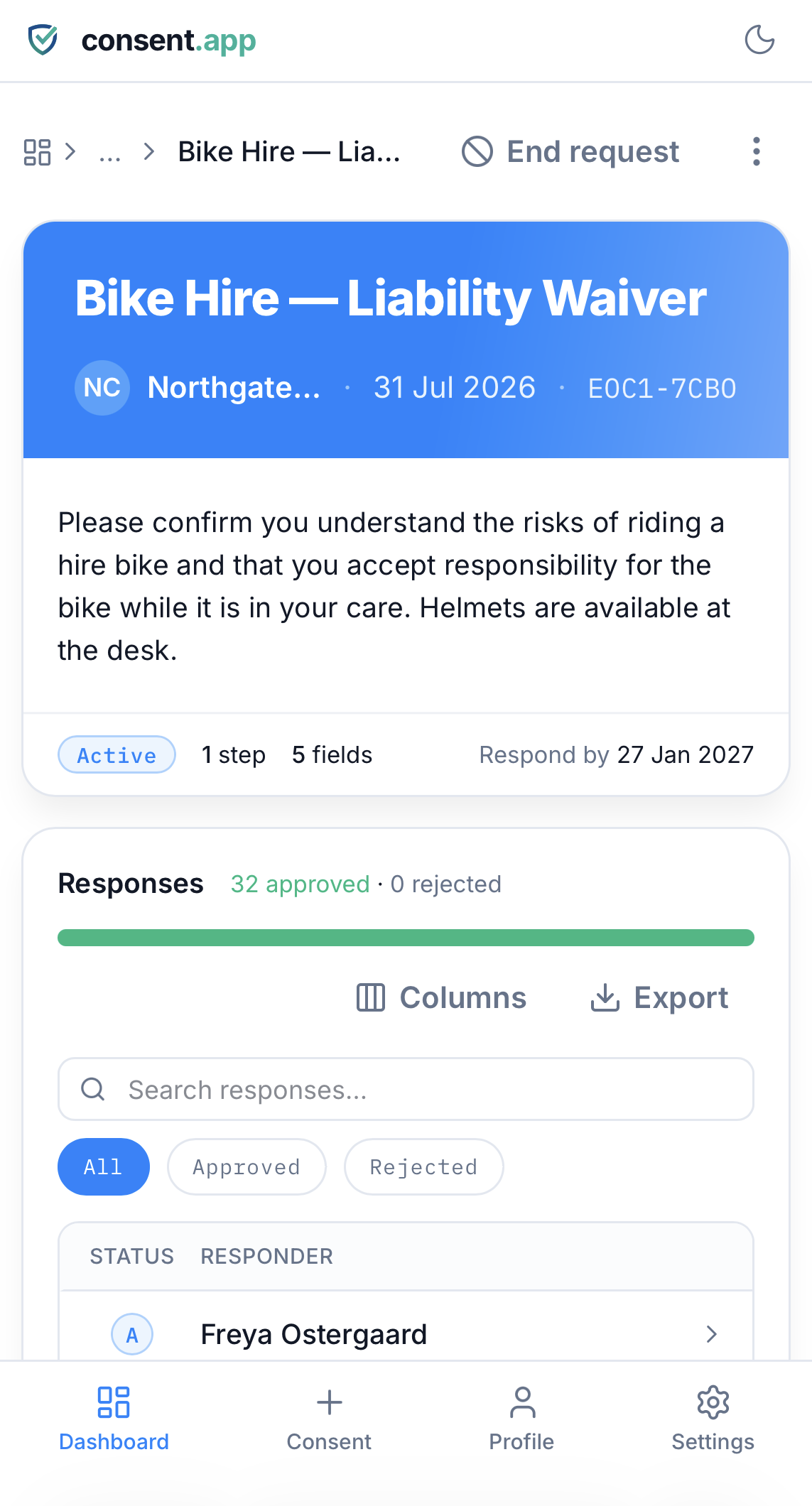 The Bike hire · Waivers consent in consent.app, showing how many people have approved