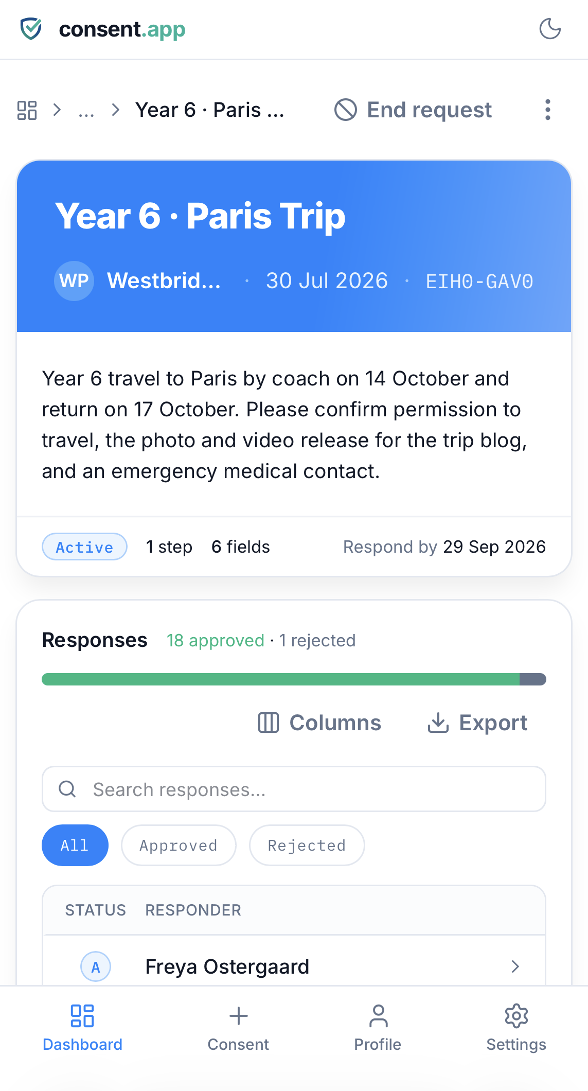 Der Consent „Klasse 6 · Parisfahrt“ in consent.app mit der Anzahl der Zustimmungen