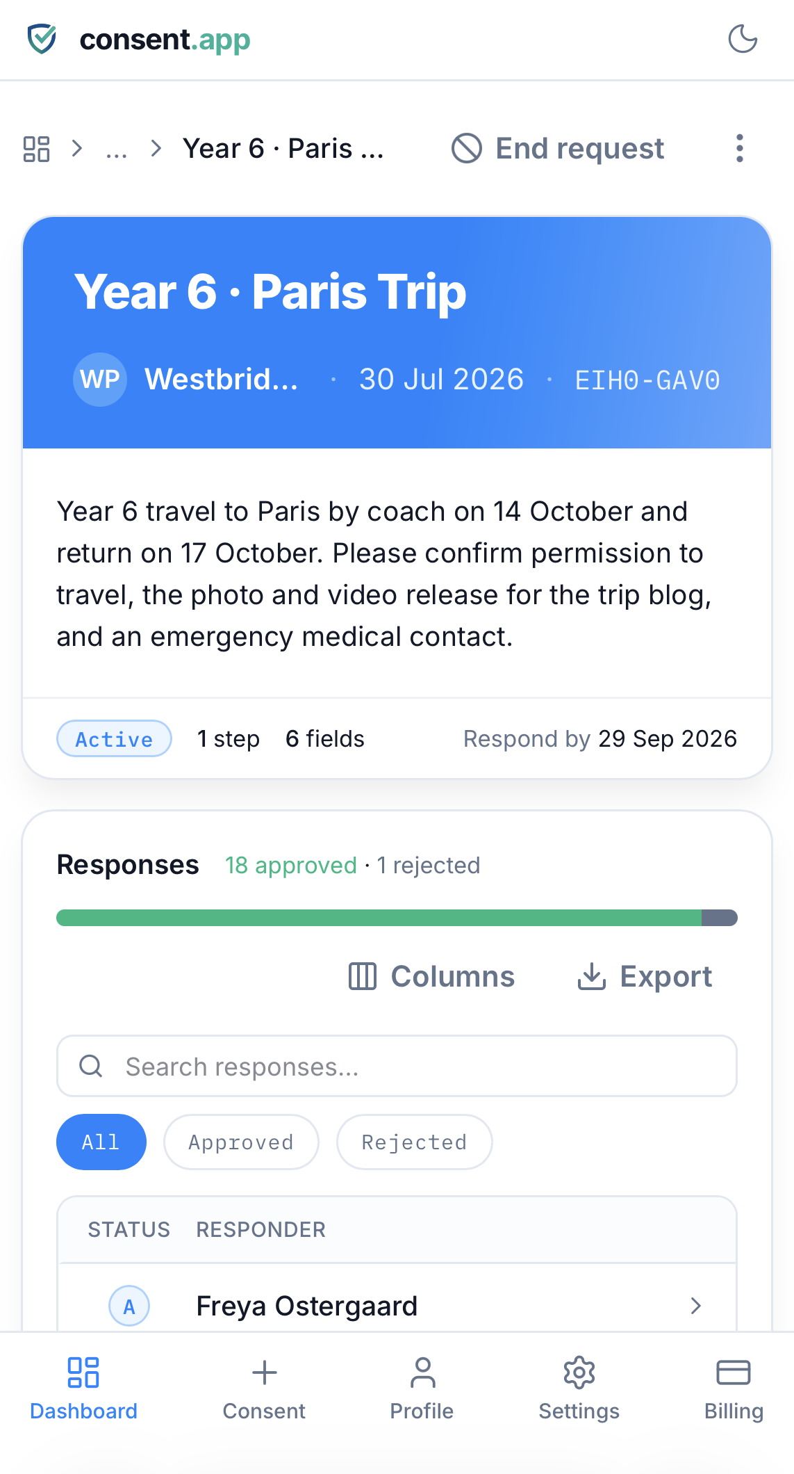 The Year 6 · Paris trip consent in consent.app, showing how many people have approved
