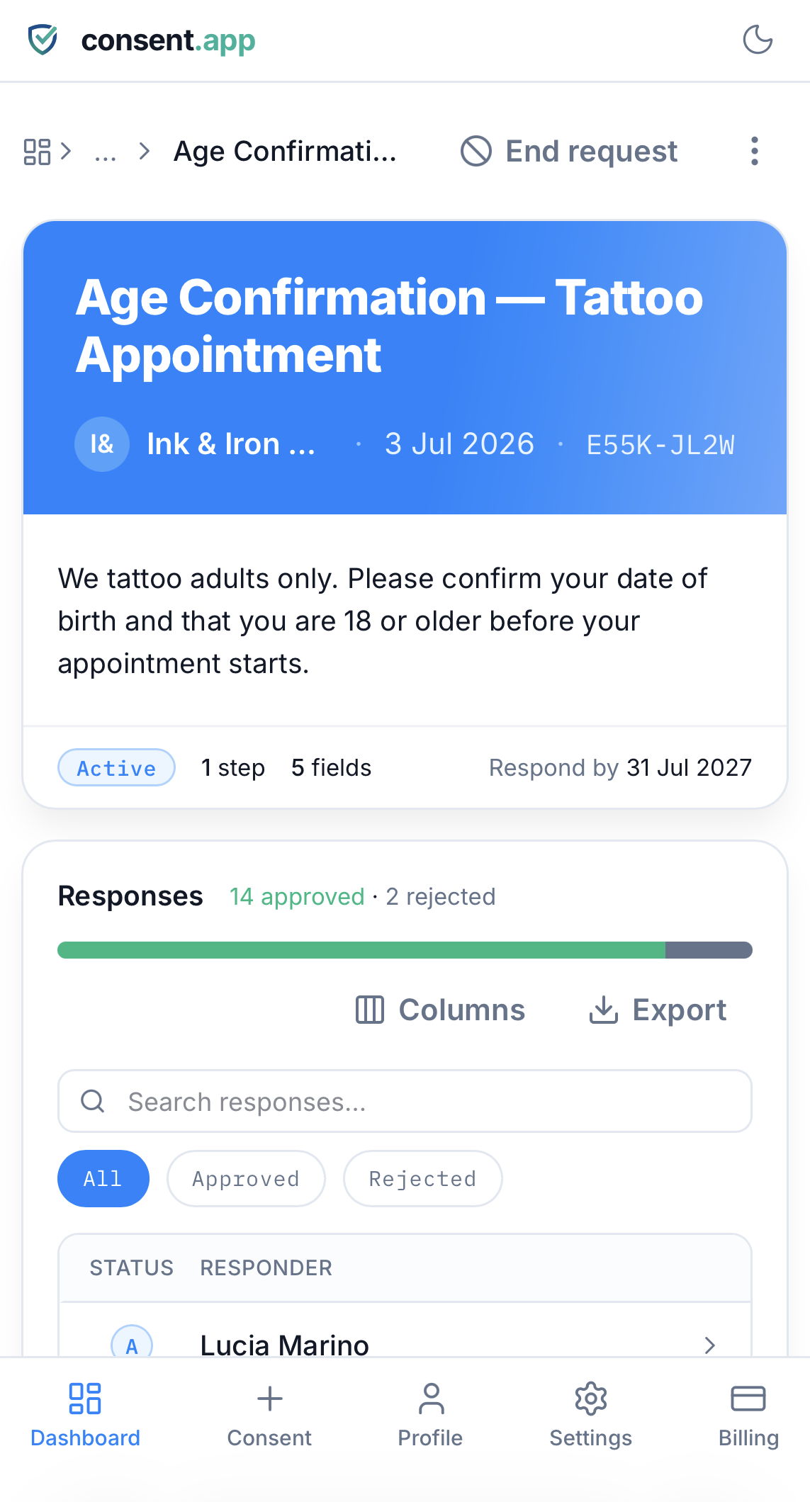 Ein Formular zum Altersnachweis in consent.app, mit einem Nachweis samt Zeitstempel für jede Prüfung