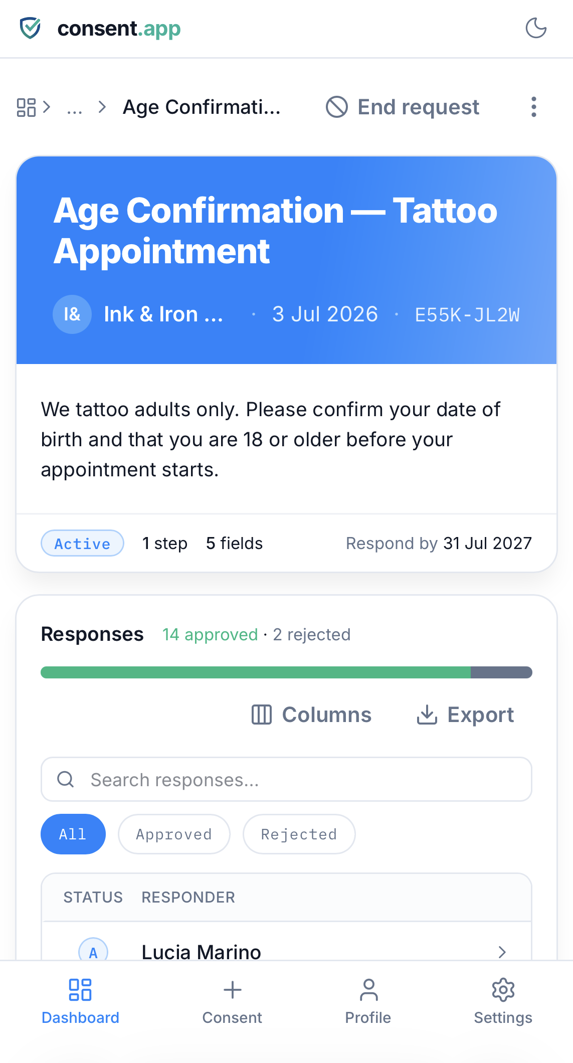 Ein Formular zum Altersnachweis in consent.app, mit einem Nachweis samt Zeitstempel für jede Prüfung