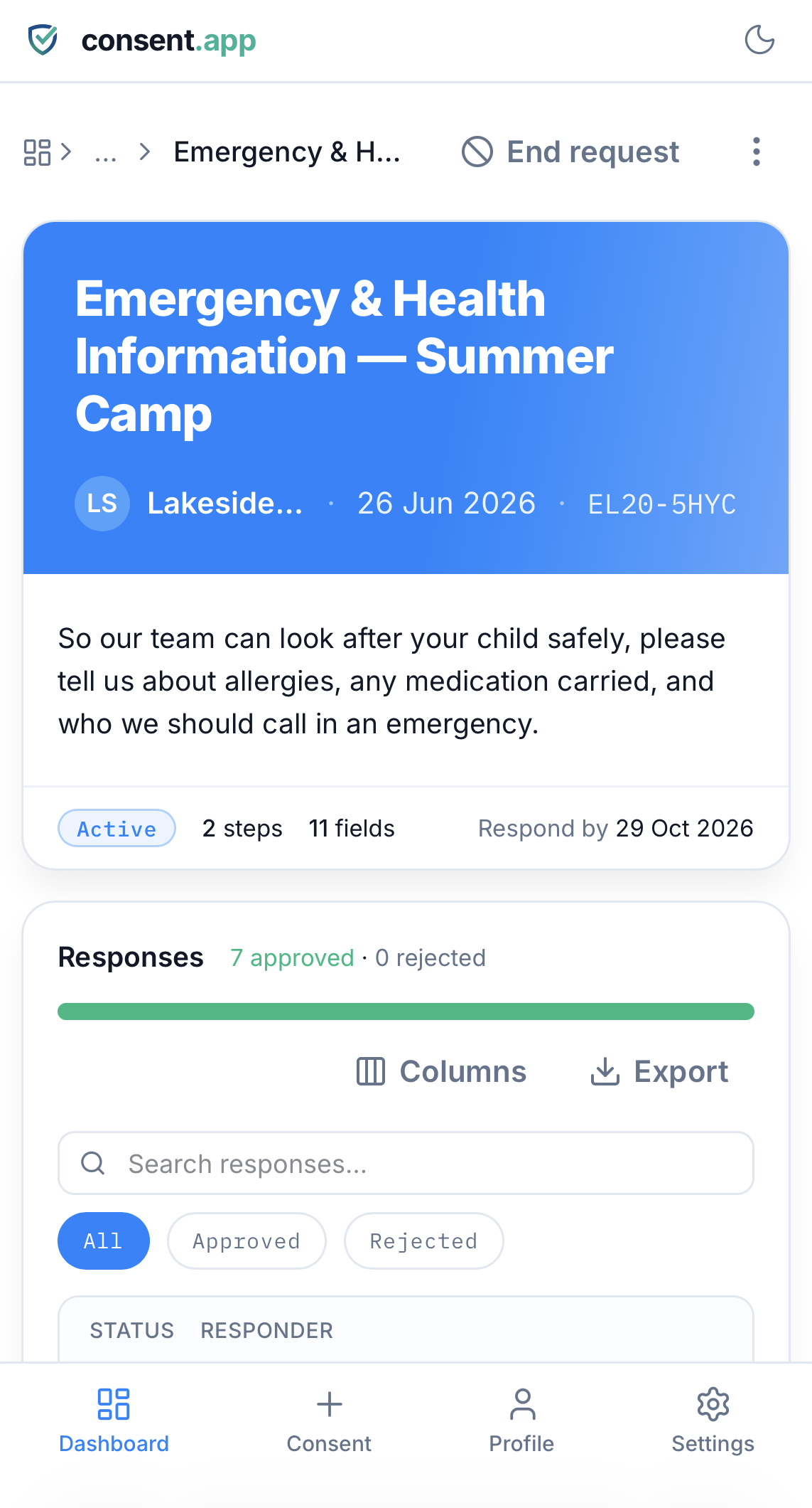 An emergency contact and medical form in consent.app, completed ahead of a school trip