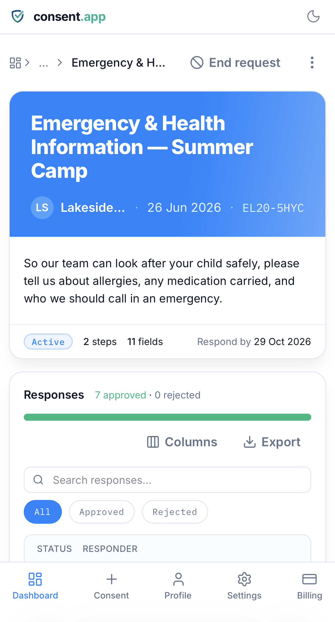An emergency contact and medical form in consent.app, completed ahead of a school trip