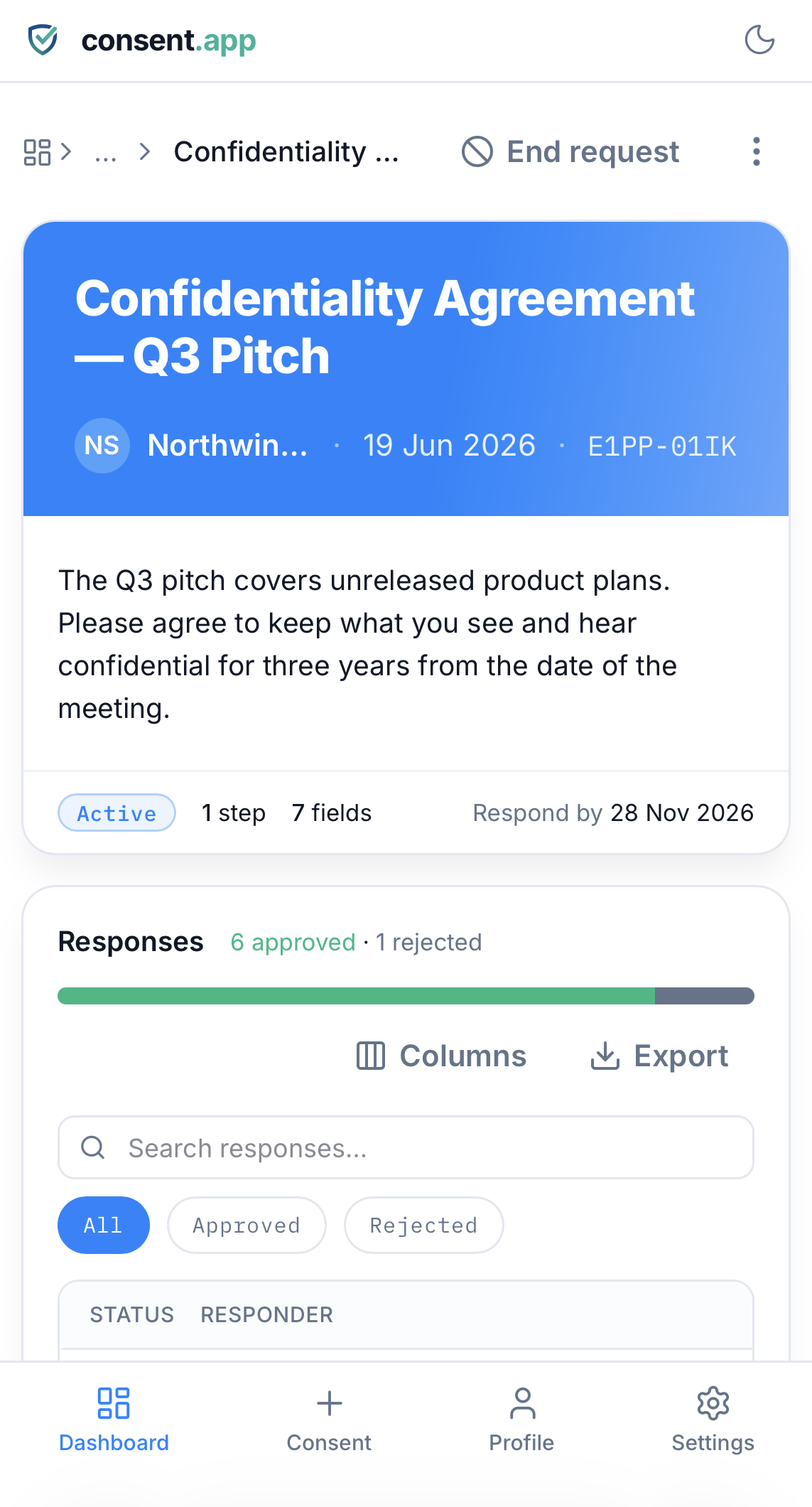 An NDA in consent.app, signed and timestamped before the meeting starts