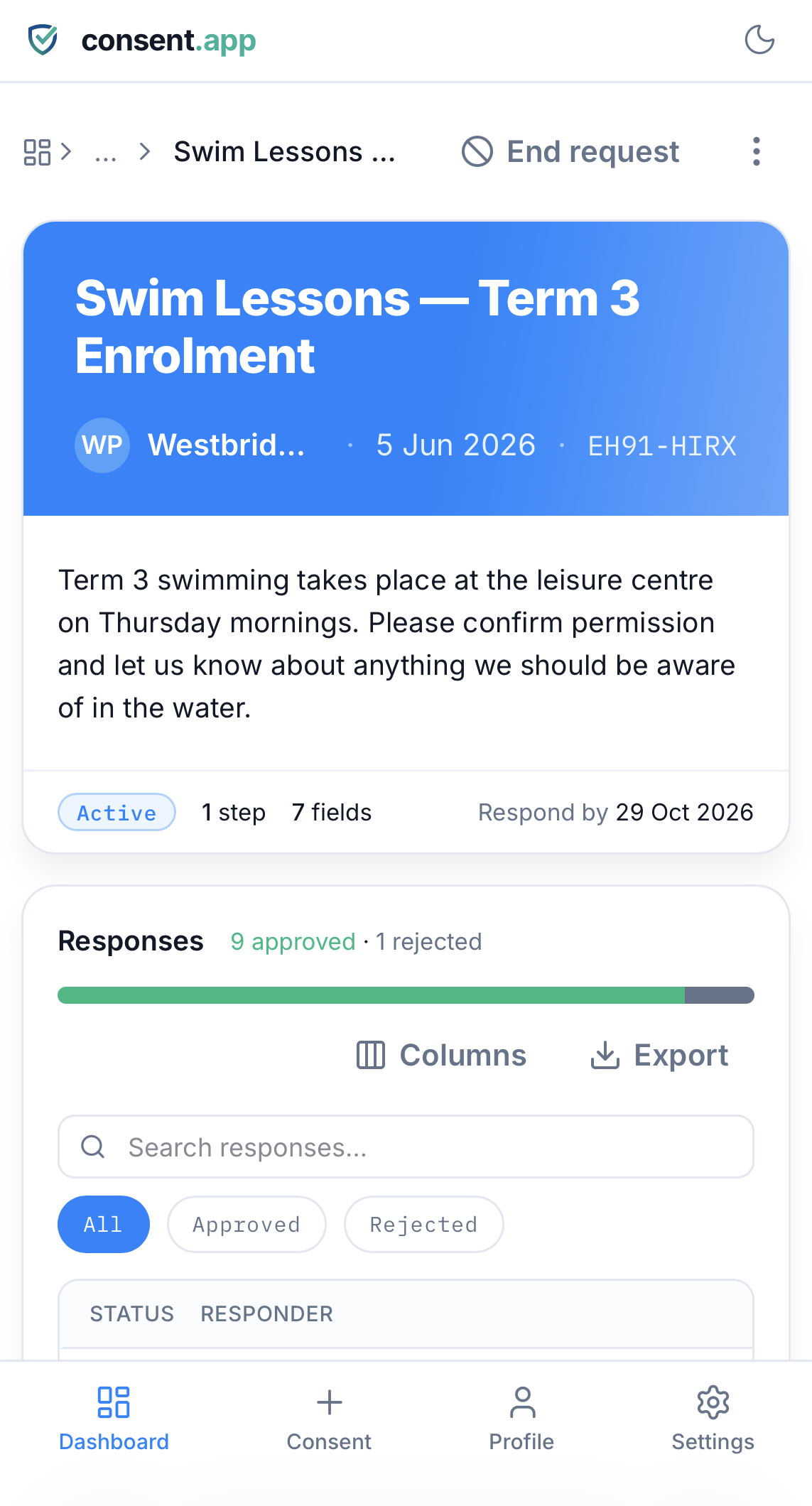 A parental consent form in consent.app, showing which parents have approved the trip
