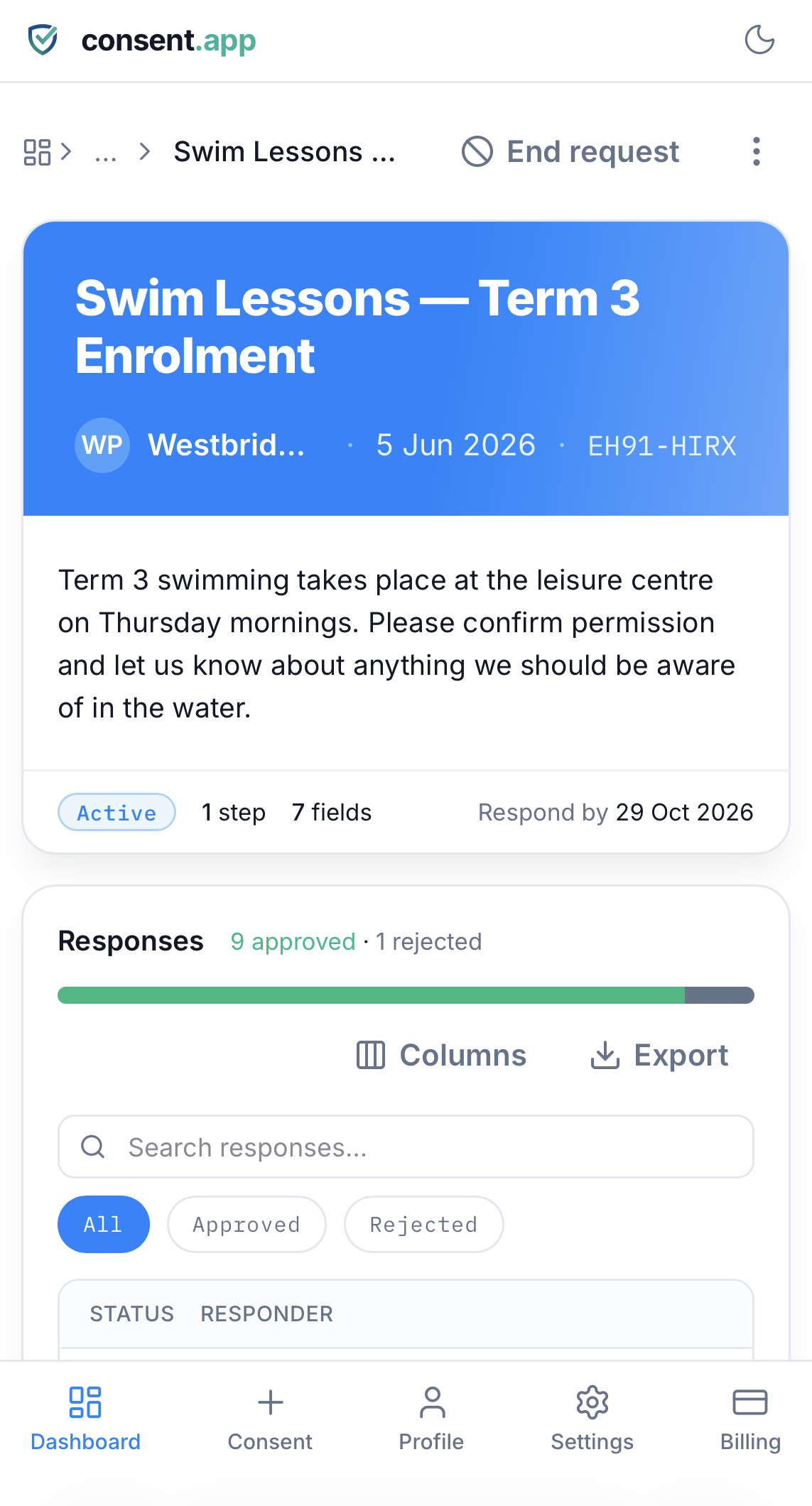 A parental consent form in consent.app, showing which parents have approved the trip