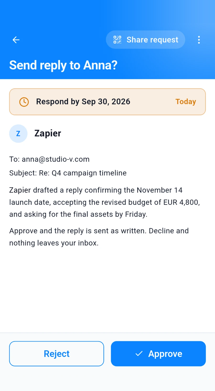 An approval request in the consent.app app: Zapier asks to send a reply to Anna, and you can approve or reject it